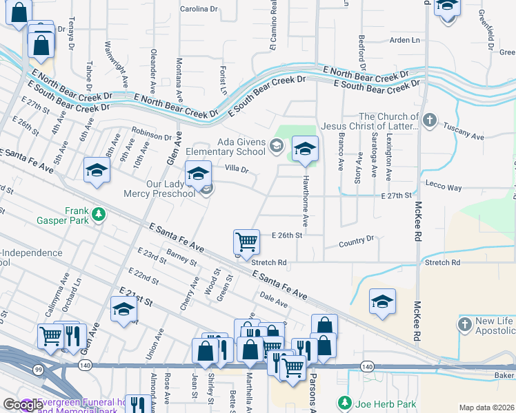 map of restaurants, bars, coffee shops, grocery stores, and more near 2725 Green Street in Merced