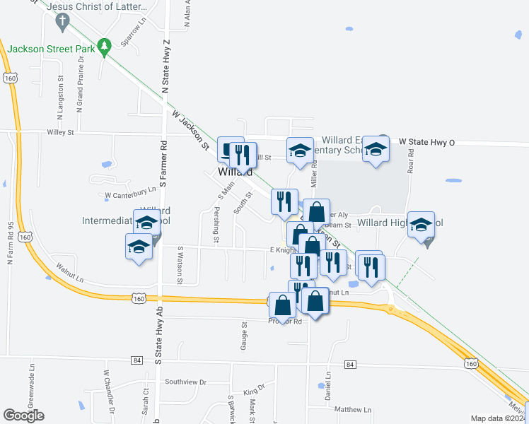 map of restaurants, bars, coffee shops, grocery stores, and more near 211 East Robberson Street in Willard