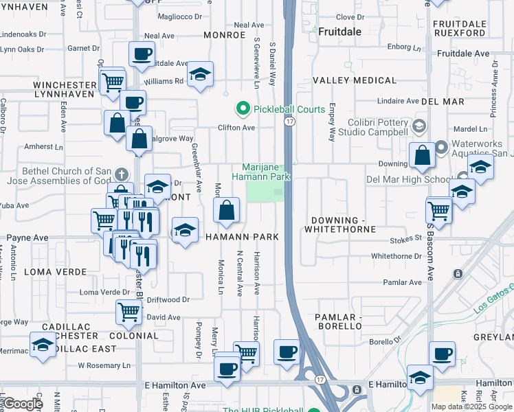 map of restaurants, bars, coffee shops, grocery stores, and more near 1095 Mitchell Court in San Jose