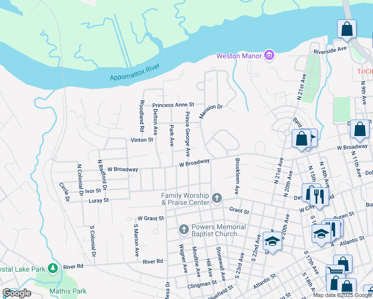 map of restaurants, bars, coffee shops, grocery stores, and more near 400 Prince George Avenue in Hopewell
