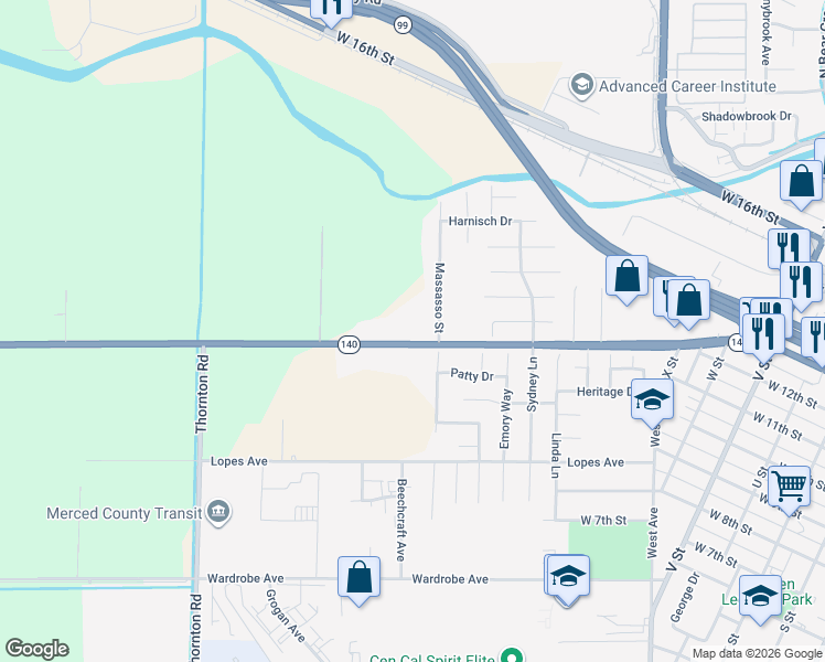 map of restaurants, bars, coffee shops, grocery stores, and more near 1281 Massasso Street in Merced