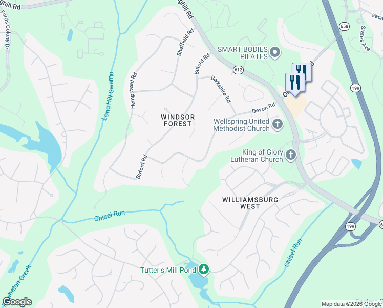 map of restaurants, bars, coffee shops, grocery stores, and more near 134 Devon Road in Williamsburg