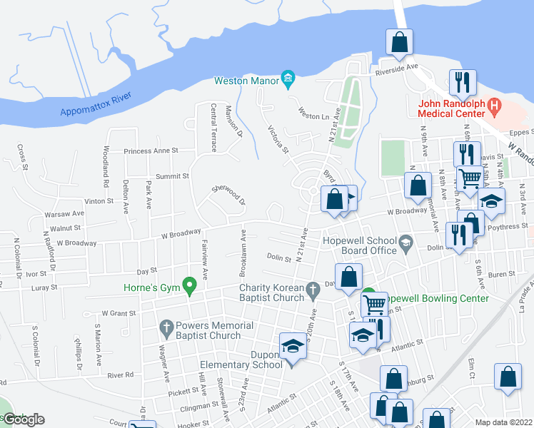 map of restaurants, bars, coffee shops, grocery stores, and more near 201 Monticello Drive in Hopewell