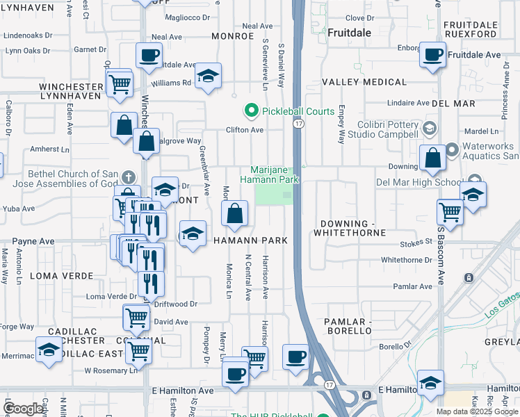 map of restaurants, bars, coffee shops, grocery stores, and more near 1095 Mitchell Court in San Jose