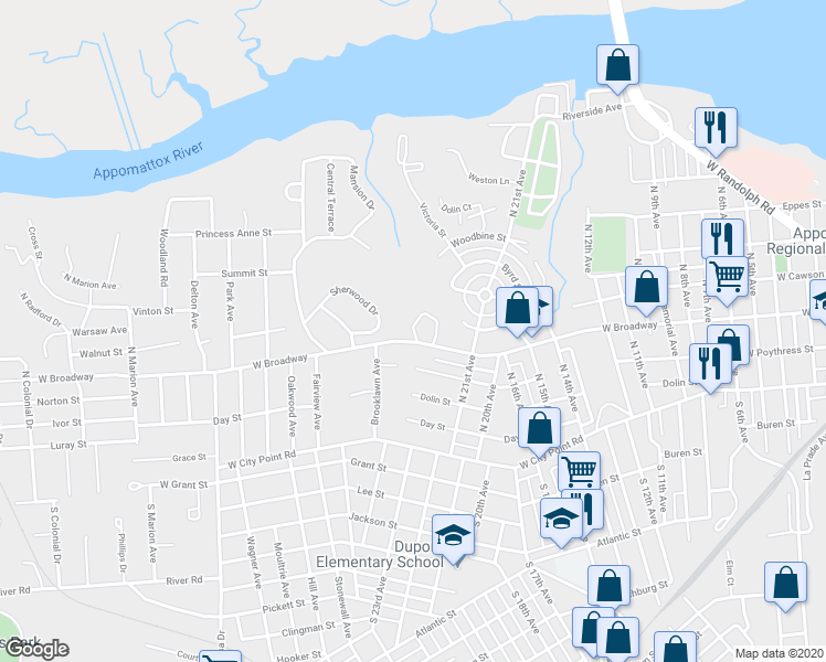 map of restaurants, bars, coffee shops, grocery stores, and more near 101 Monticello Drive in Hopewell