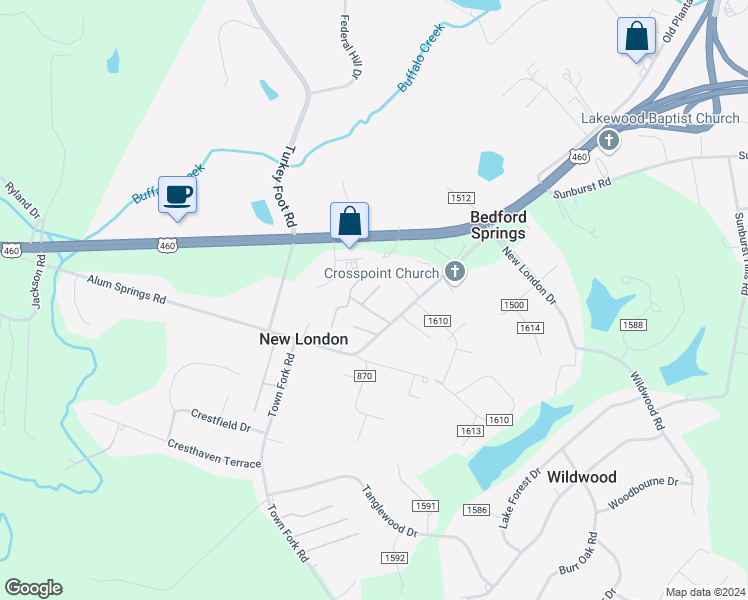 map of restaurants, bars, coffee shops, grocery stores, and more near 47 Sky Place in Lynchburg
