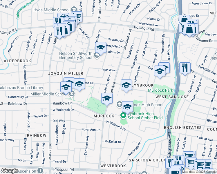 map of restaurants, bars, coffee shops, grocery stores, and more near 5909 Countess Drive in San Jose