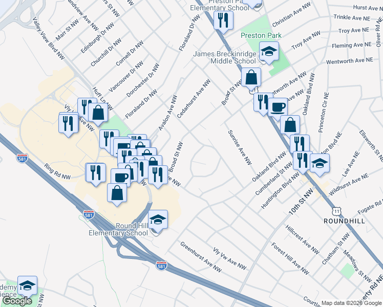 map of restaurants, bars, coffee shops, grocery stores, and more near 2544 Roundtop Road Northwest in Roanoke