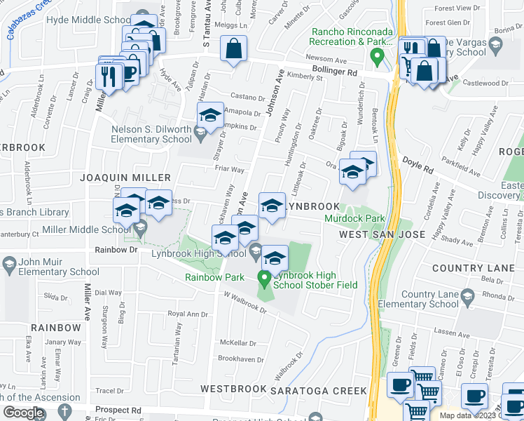 map of restaurants, bars, coffee shops, grocery stores, and more near 1176 Lynbrook Way in San Jose