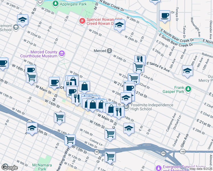 map of restaurants, bars, coffee shops, grocery stores, and more near 212 West 21st Street in Merced