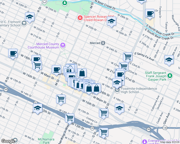 map of restaurants, bars, coffee shops, grocery stores, and more near 2004 Martin Luther King Junior Way in Merced