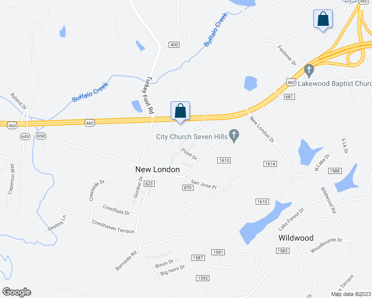 map of restaurants, bars, coffee shops, grocery stores, and more near 18 Sky Place in Lynchburg