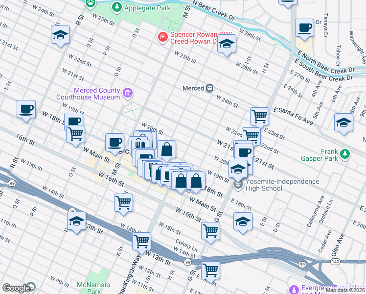 map of restaurants, bars, coffee shops, grocery stores, and more near 2004 Martin Luther King Junior Way in Merced