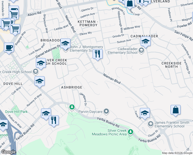 map of restaurants, bars, coffee shops, grocery stores, and more near 3735 Nieman Boulevard in San Jose