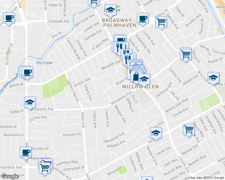 map of restaurants, bars, coffee shops, grocery stores, and more near 1187 Brace Avenue in San Jose
