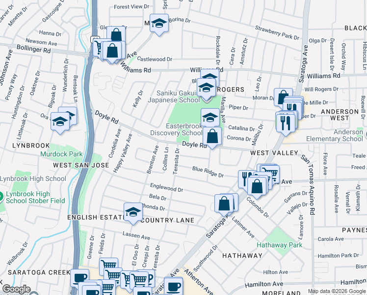 map of restaurants, bars, coffee shops, grocery stores, and more near 4876 Doyle Road in San Jose