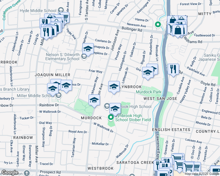 map of restaurants, bars, coffee shops, grocery stores, and more near 1176 Lynbrook Way in San Jose