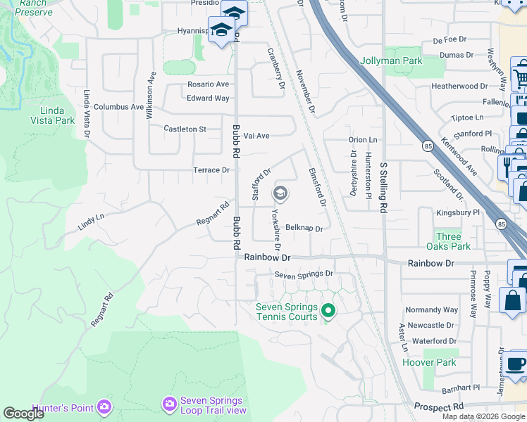 map of restaurants, bars, coffee shops, grocery stores, and more near 7995 Folkestone Drive in Cupertino
