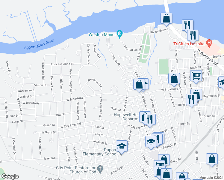 map of restaurants, bars, coffee shops, grocery stores, and more near 708 Monticello Drive in Hopewell