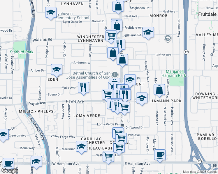 map of restaurants, bars, coffee shops, grocery stores, and more near 3161 Payne Avenue in San Jose