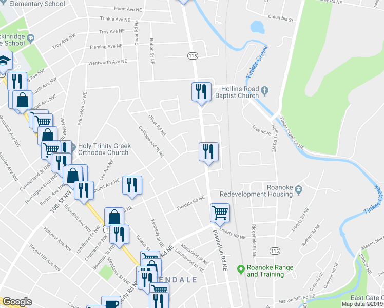 map of restaurants, bars, coffee shops, grocery stores, and more near 505 Whittaker Avenue Northeast in Roanoke