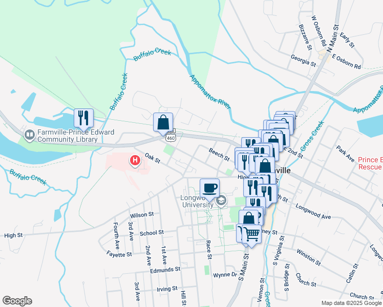 map of restaurants, bars, coffee shops, grocery stores, and more near 600 Buffalo Street in Farmville