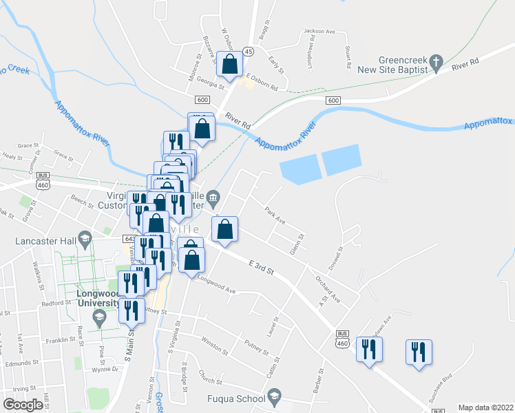 map of restaurants, bars, coffee shops, grocery stores, and more near 409 Park Avenue in Farmville
