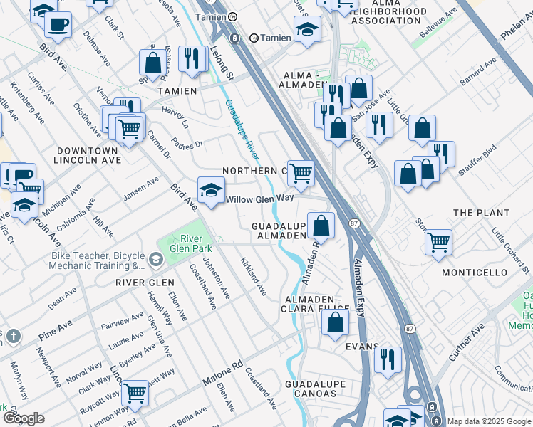 map of restaurants, bars, coffee shops, grocery stores, and more near 1724 Creek Drive in San Jose