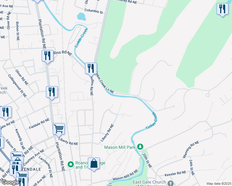 map of restaurants, bars, coffee shops, grocery stores, and more near Tinker Creek Lane Northeast in Roanoke