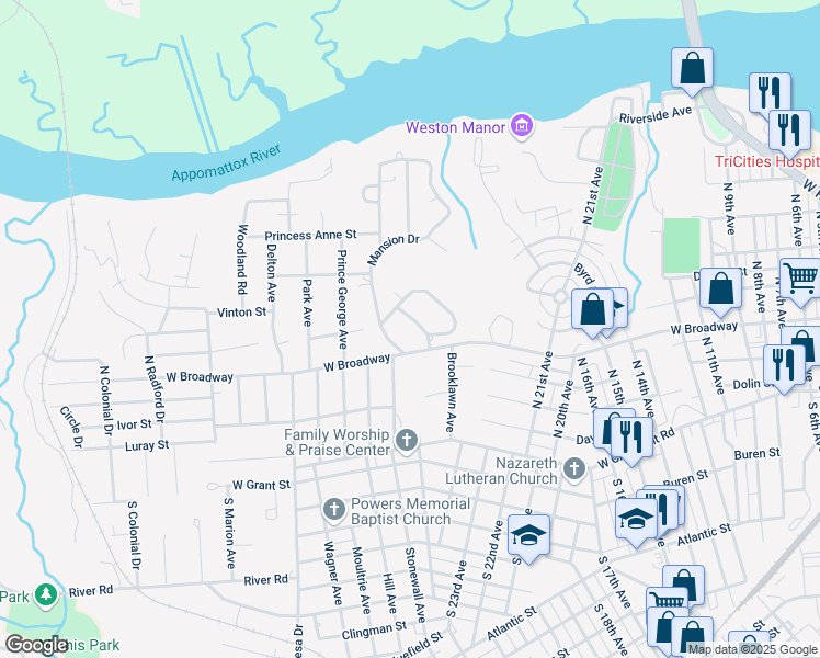 map of restaurants, bars, coffee shops, grocery stores, and more near 200 Sherwood Drive in Hopewell