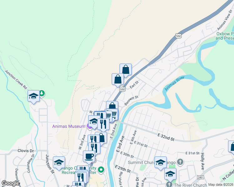 map of restaurants, bars, coffee shops, grocery stores, and more near 3466 Main Avenue in Durango