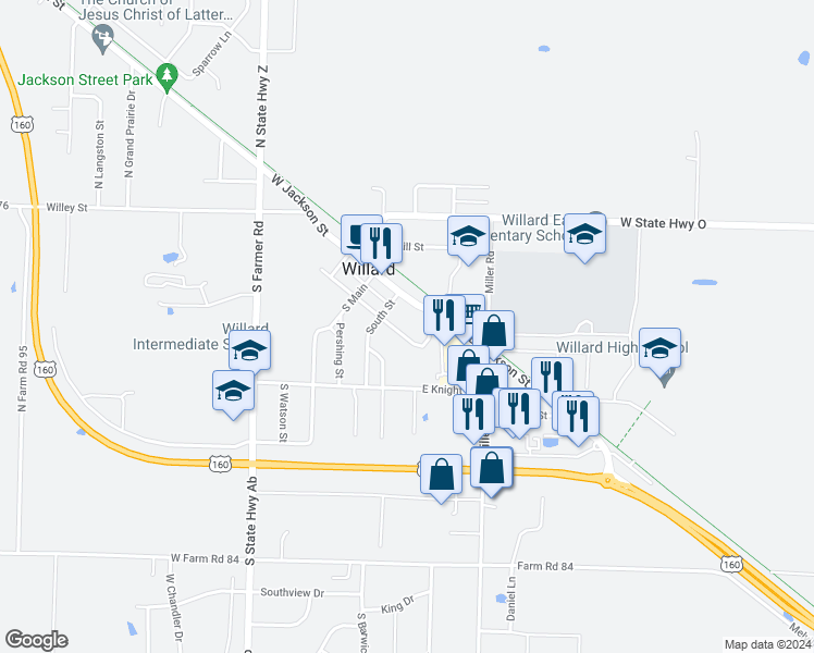 map of restaurants, bars, coffee shops, grocery stores, and more near 209 East Robberson Street in Willard