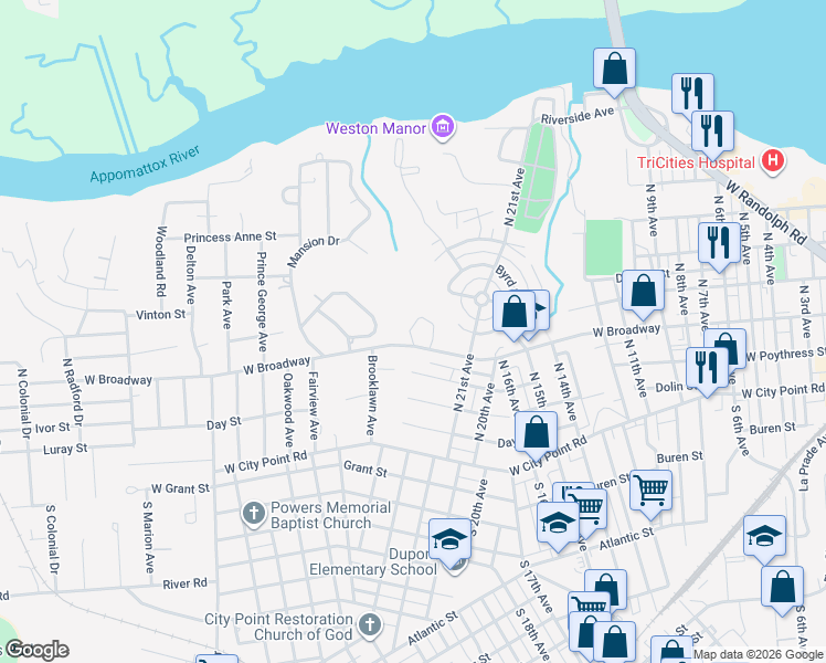 map of restaurants, bars, coffee shops, grocery stores, and more near 708 Monticello Drive in Hopewell