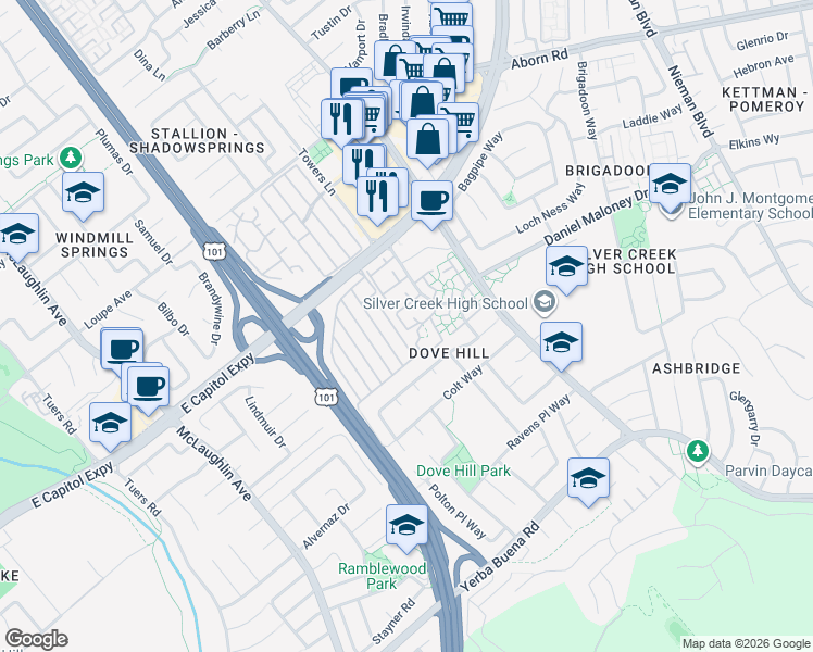 map of restaurants, bars, coffee shops, grocery stores, and more near 1558 Ivycreek Circle in San Jose