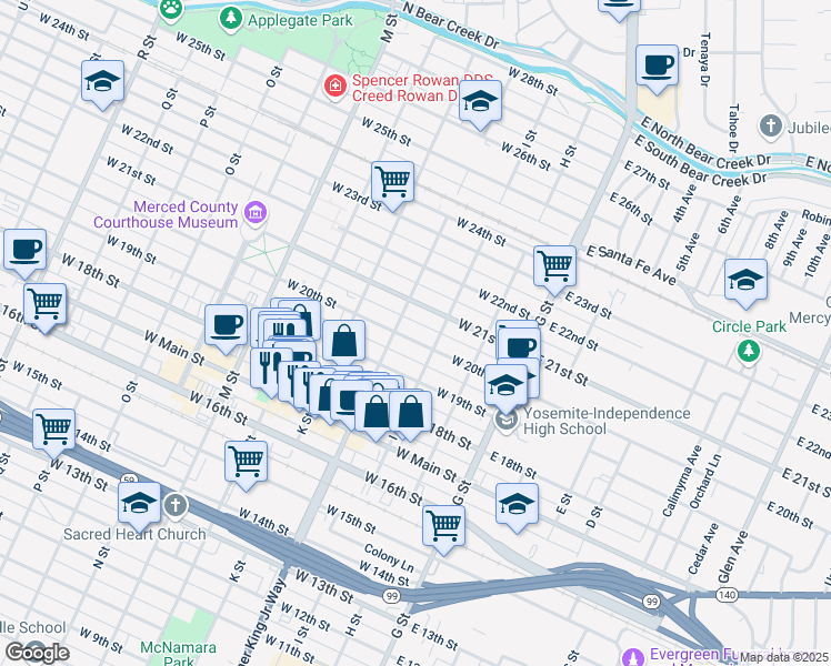map of restaurants, bars, coffee shops, grocery stores, and more near 231 West 20th Street in Merced