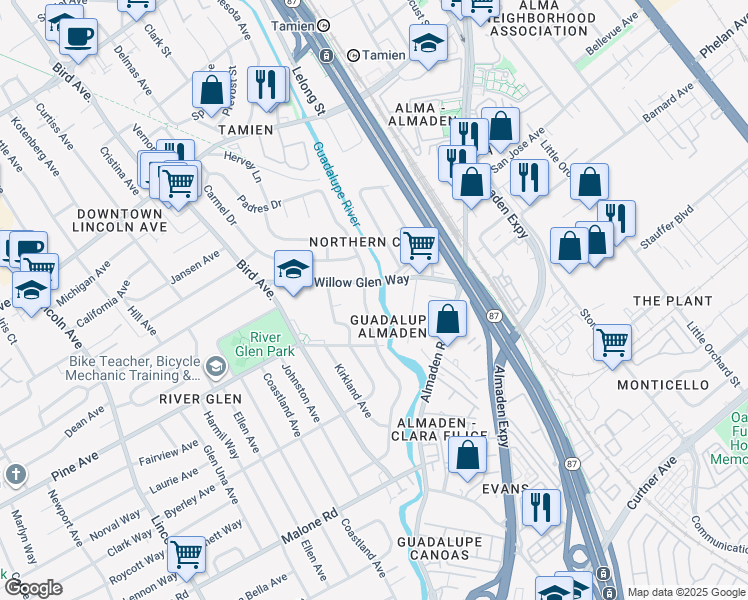 map of restaurants, bars, coffee shops, grocery stores, and more near 1724 Creek Drive in San Jose