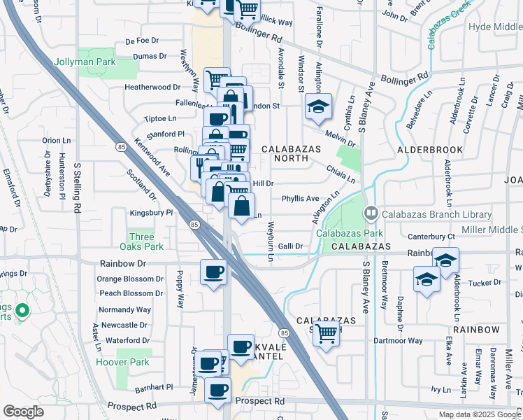 map of restaurants, bars, coffee shops, grocery stores, and more near 7183 Bark Lane in San Jose