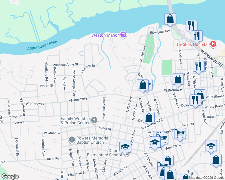 map of restaurants, bars, coffee shops, grocery stores, and more near 708 Monticello Drive in Hopewell