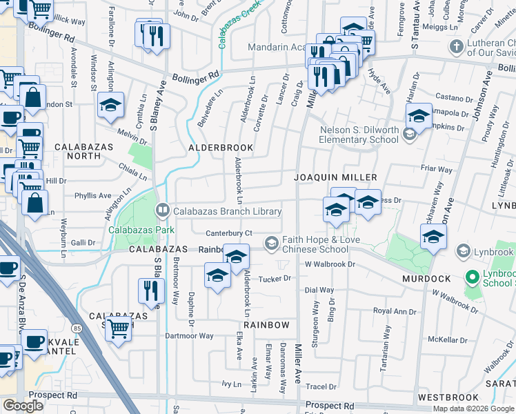 map of restaurants, bars, coffee shops, grocery stores, and more near 6444 Bancroft Way in San Jose