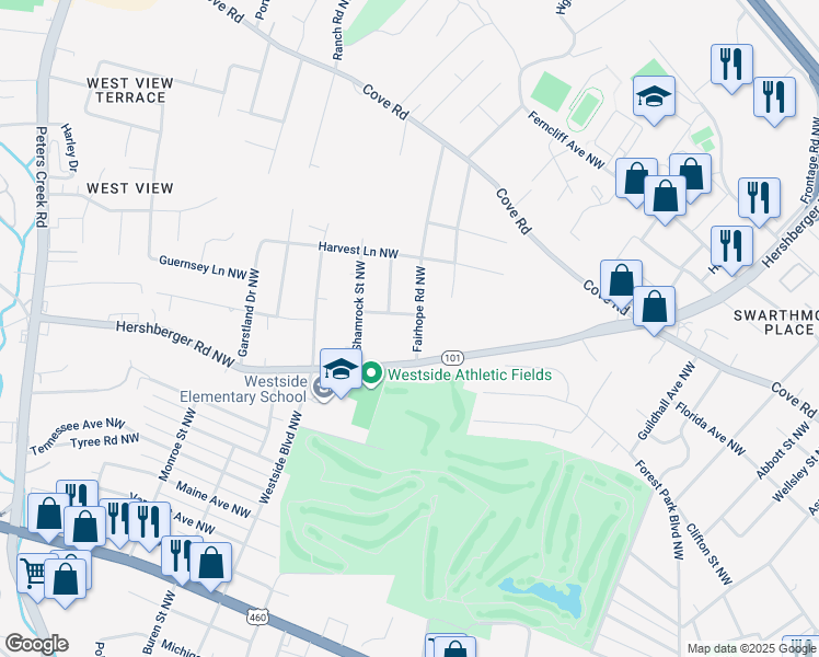 map of restaurants, bars, coffee shops, grocery stores, and more near 1524 Fairhope Road Northwest in Roanoke