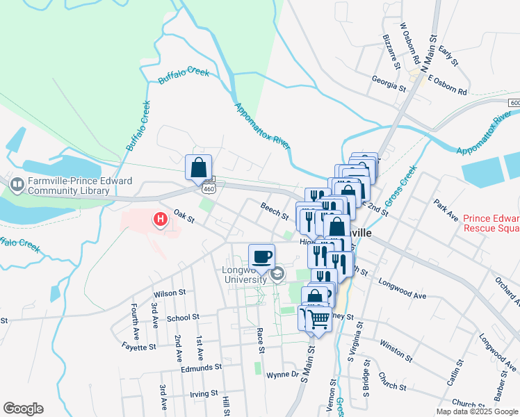 map of restaurants, bars, coffee shops, grocery stores, and more near 501 Beech Street in Farmville