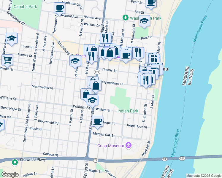 map of restaurants, bars, coffee shops, grocery stores, and more near 555 Independence Street in Cape Girardeau