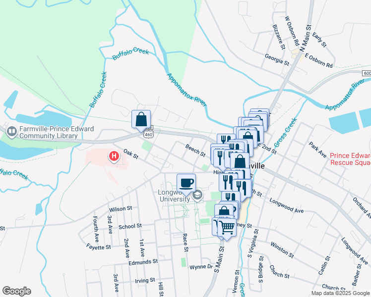 map of restaurants, bars, coffee shops, grocery stores, and more near 501 Beech Street in Farmville