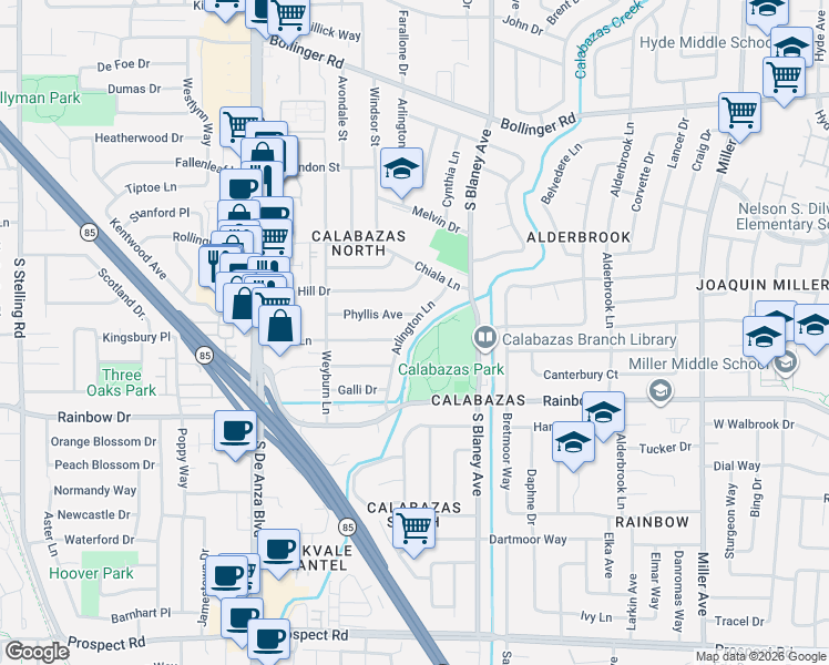 map of restaurants, bars, coffee shops, grocery stores, and more near 1174 Arlington Lane in San Jose