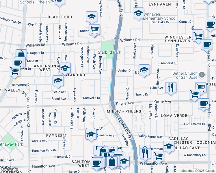 map of restaurants, bars, coffee shops, grocery stores, and more near 3678 Bridgeport Court in San Jose