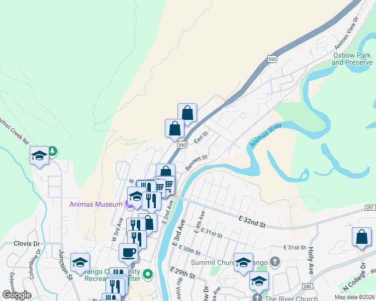 map of restaurants, bars, coffee shops, grocery stores, and more near 3500 Earl Street in Durango