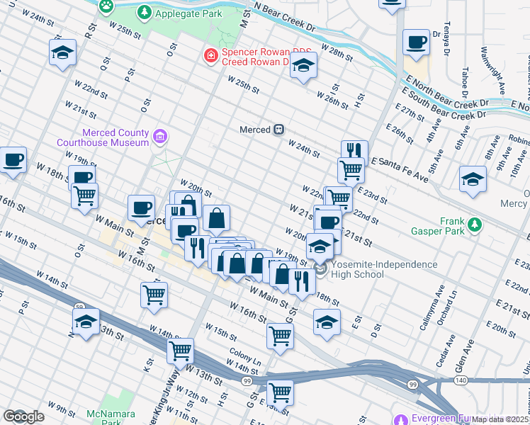 map of restaurants, bars, coffee shops, grocery stores, and more near 212 West 21st Street in Merced