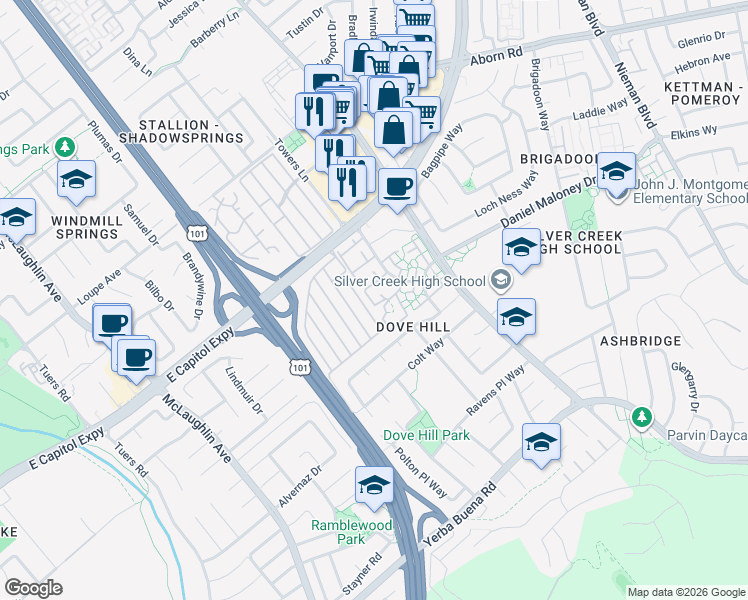 map of restaurants, bars, coffee shops, grocery stores, and more near 1558 Ivycreek Circle in San Jose
