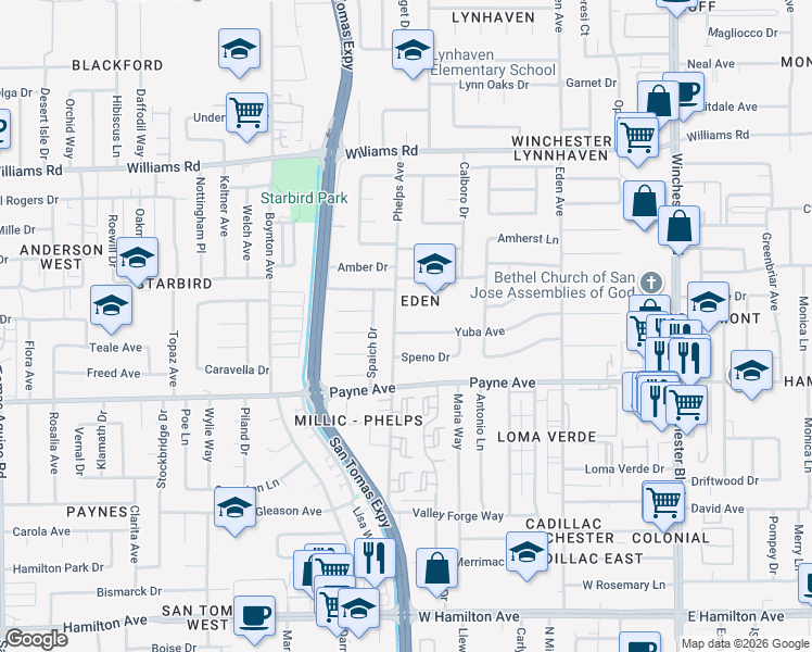 map of restaurants, bars, coffee shops, grocery stores, and more near 3527 Yuba Avenue in San Jose