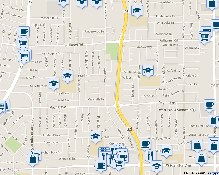 map of restaurants, bars, coffee shops, grocery stores, and more near 3678 Bridgeport Court in San Jose